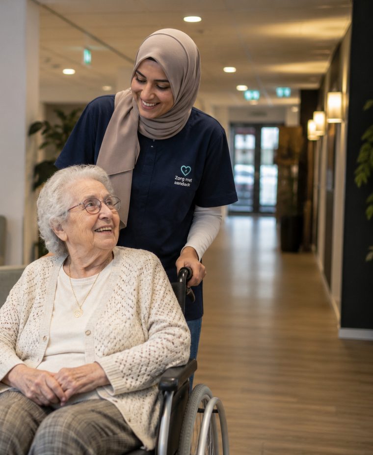Een zorgmedewerker en een oudere vrouw in een rolstoel lachen naar elkaar